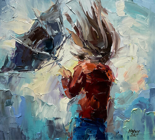 Black Umbrella. Windy day by Mariia Hyhar, Painting for Sale on Select
