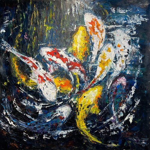 Koi. Dark blue water. by Mariia Hyhar, Painting for Sale on Select
