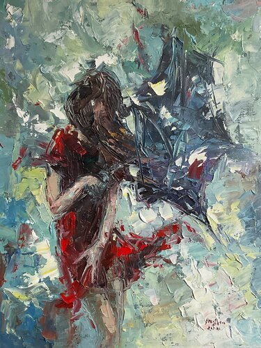 Red dress. Rainy day by Mariia Hyhar, Painting for Sale on Select