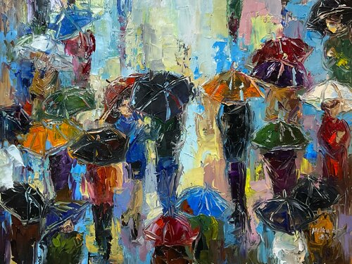 First meeting under umbrellas by Mariia Hyhar, Painting for Sale on Select