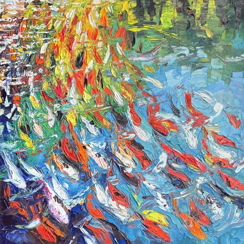 Bright koi’s swimming in the pool von Mariia Hyhar, Malerei kaufen auf Select