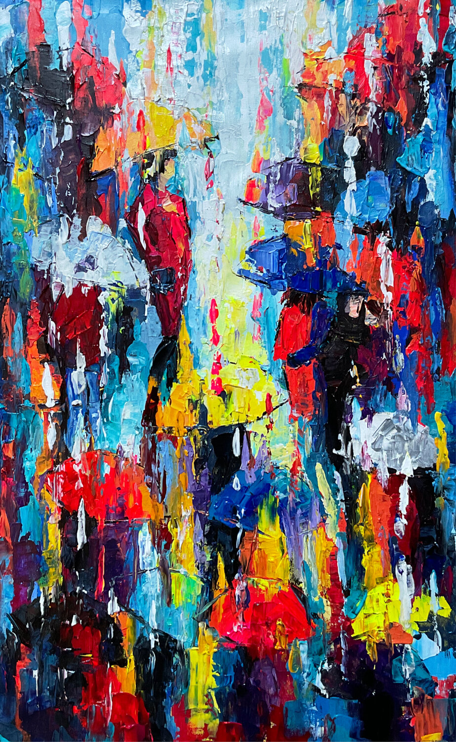 Bright umbrellas. Lady in pink Mariia Hyhar Original painting for sale