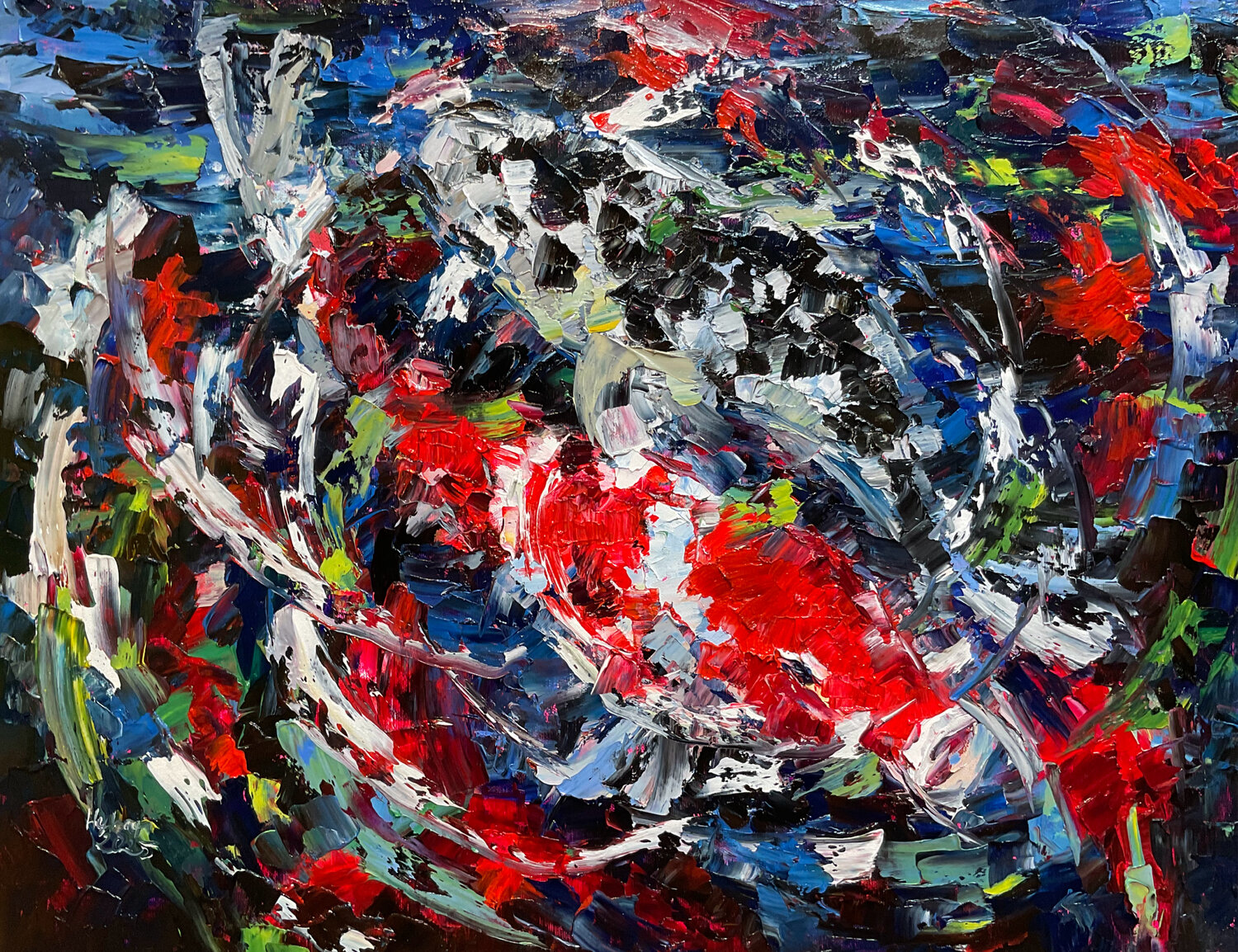 Bright koi’s in dark water Mariia Hyhar Original painting for sale