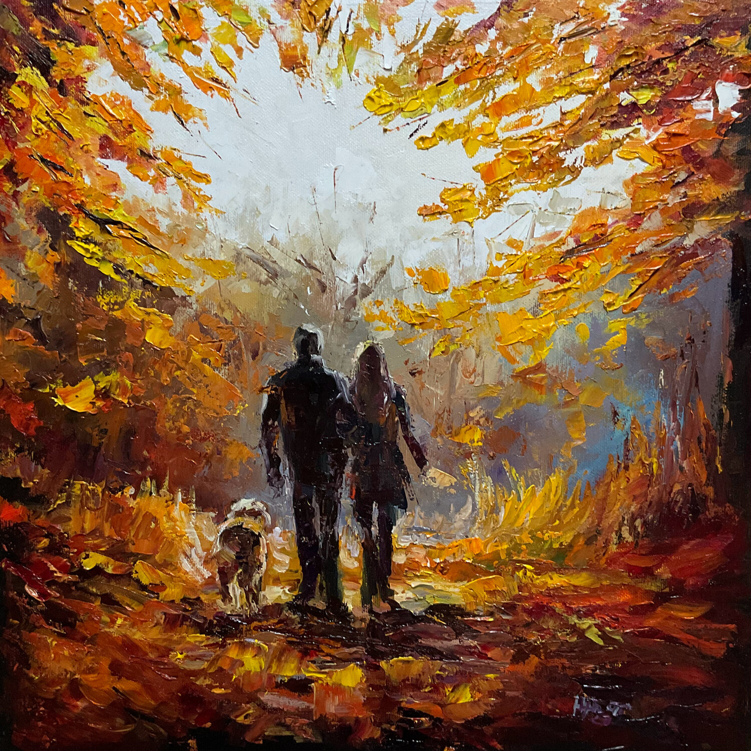 Walking with dog. Autumn. Mariia Hyhar Original painting for sale