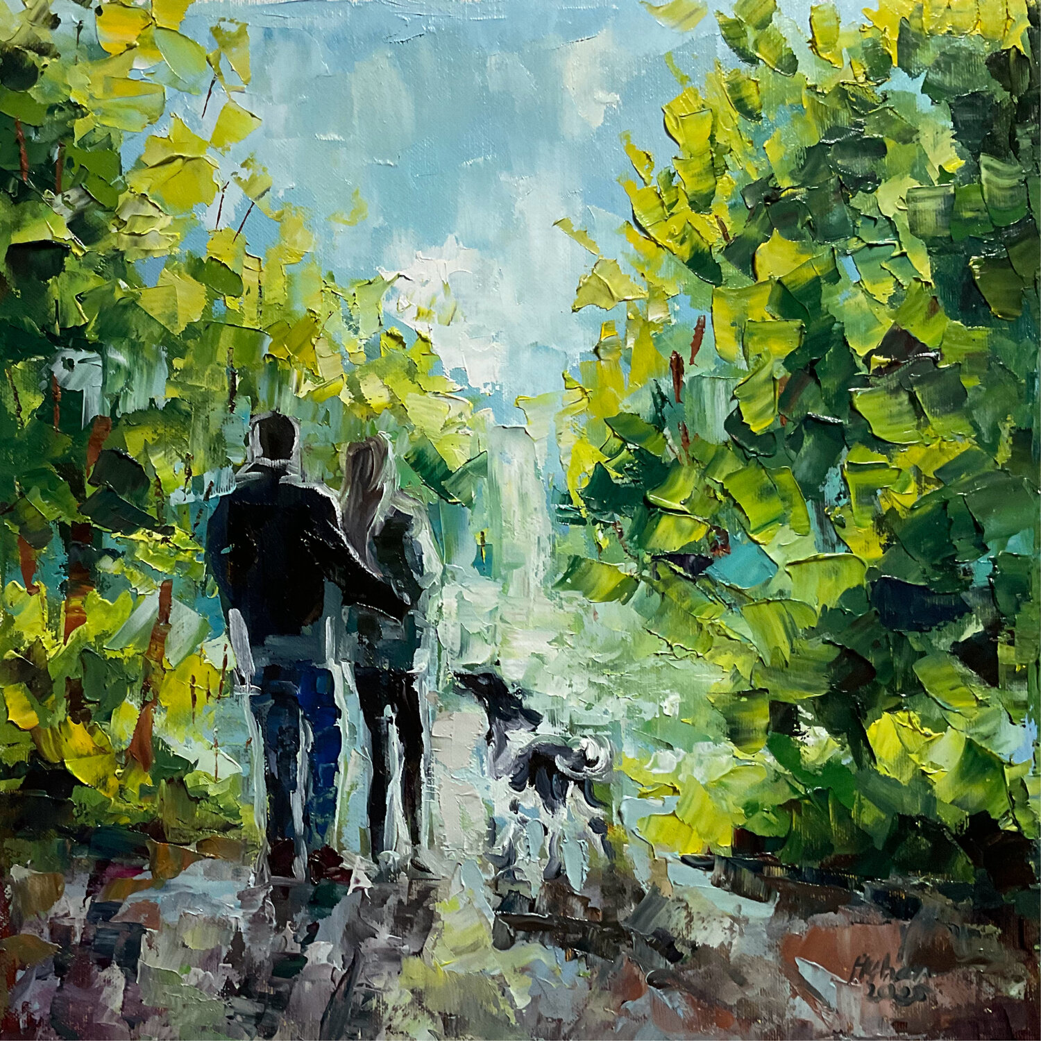 Walking with dog. Spring Mariia Hyhar Original painting for sale