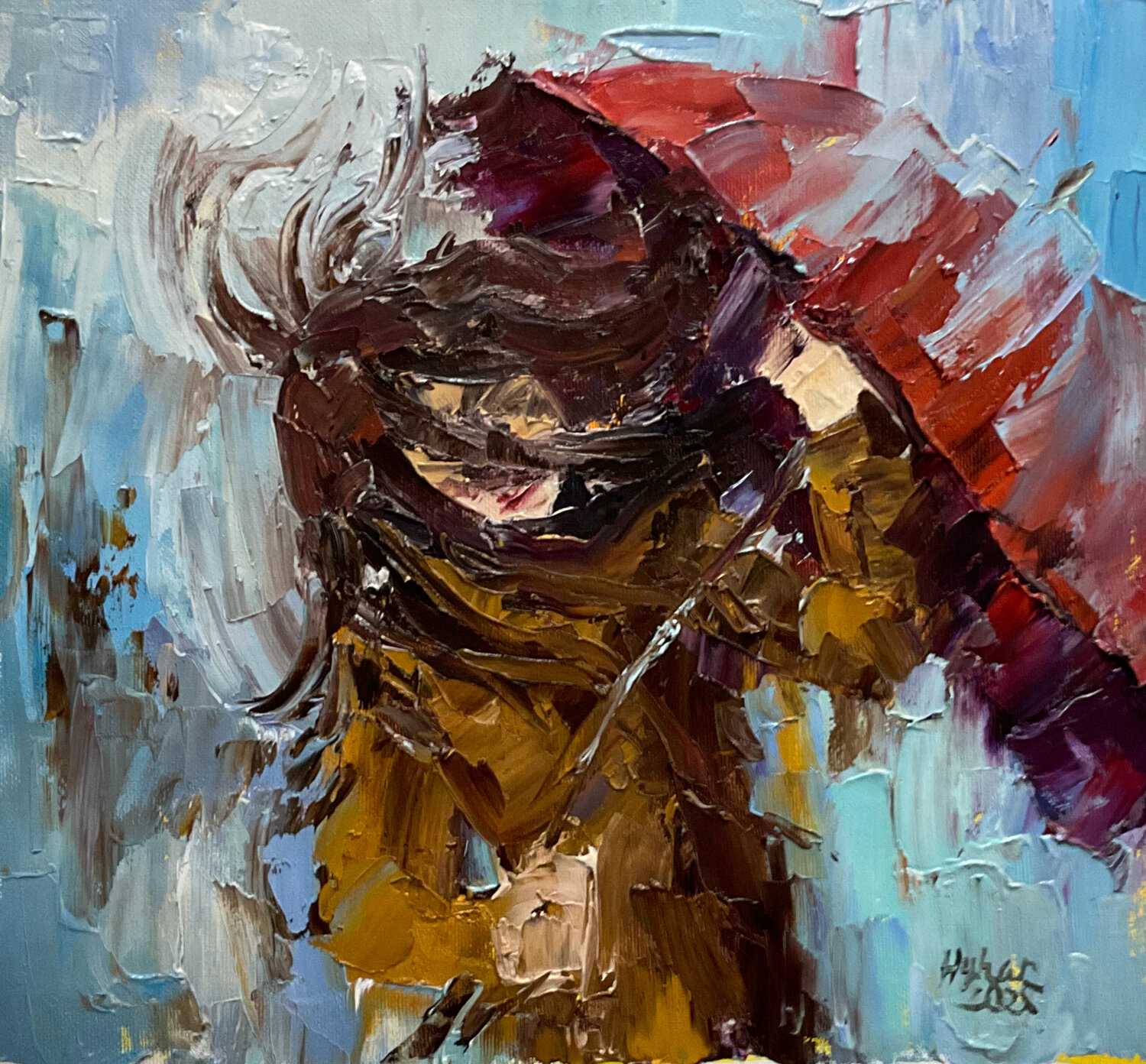 Red umbrella.  Windy day Mariia Hyhar Original painting for sale