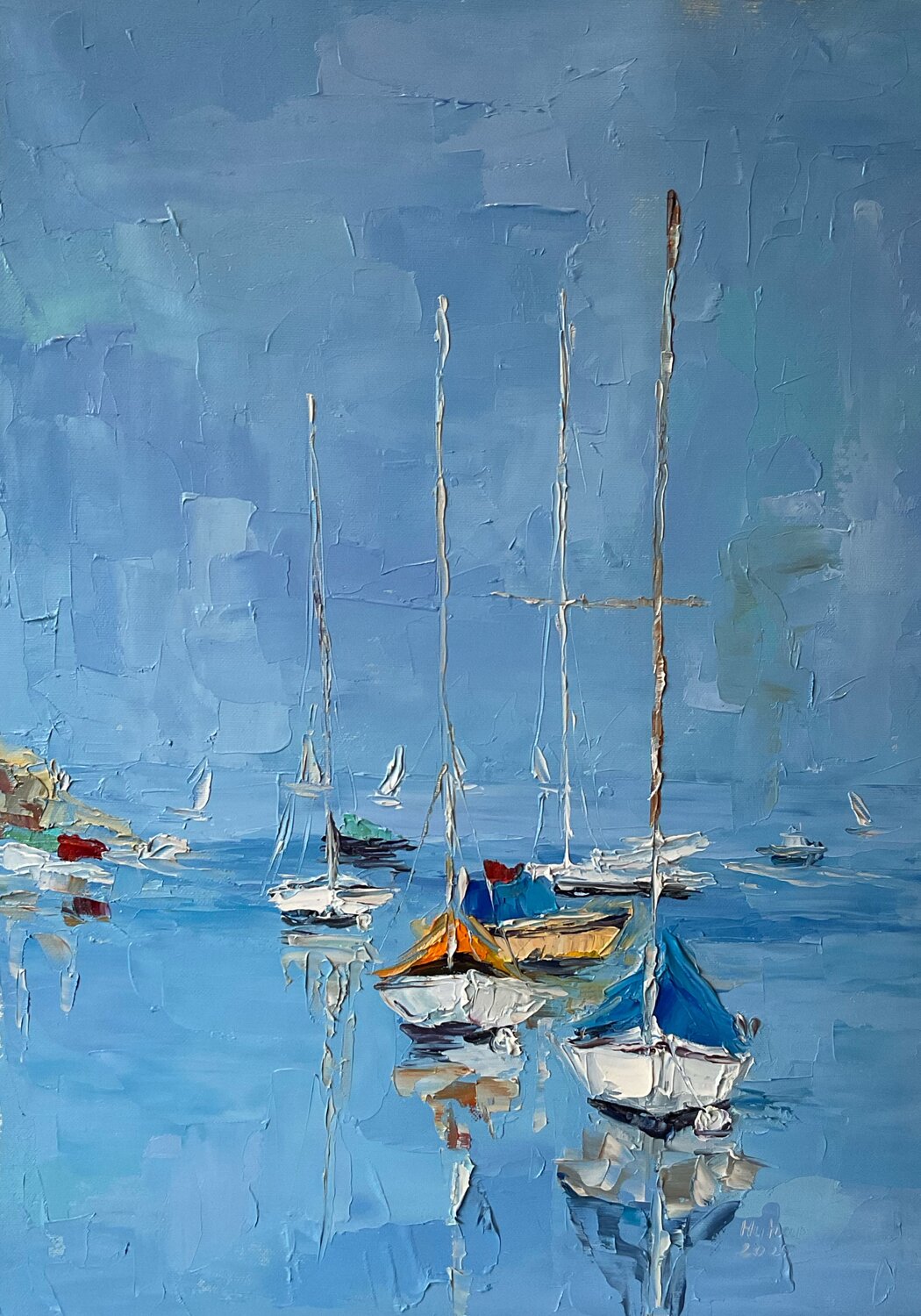 White boats. Calm mood Mariia Hyhar Original painting for sale