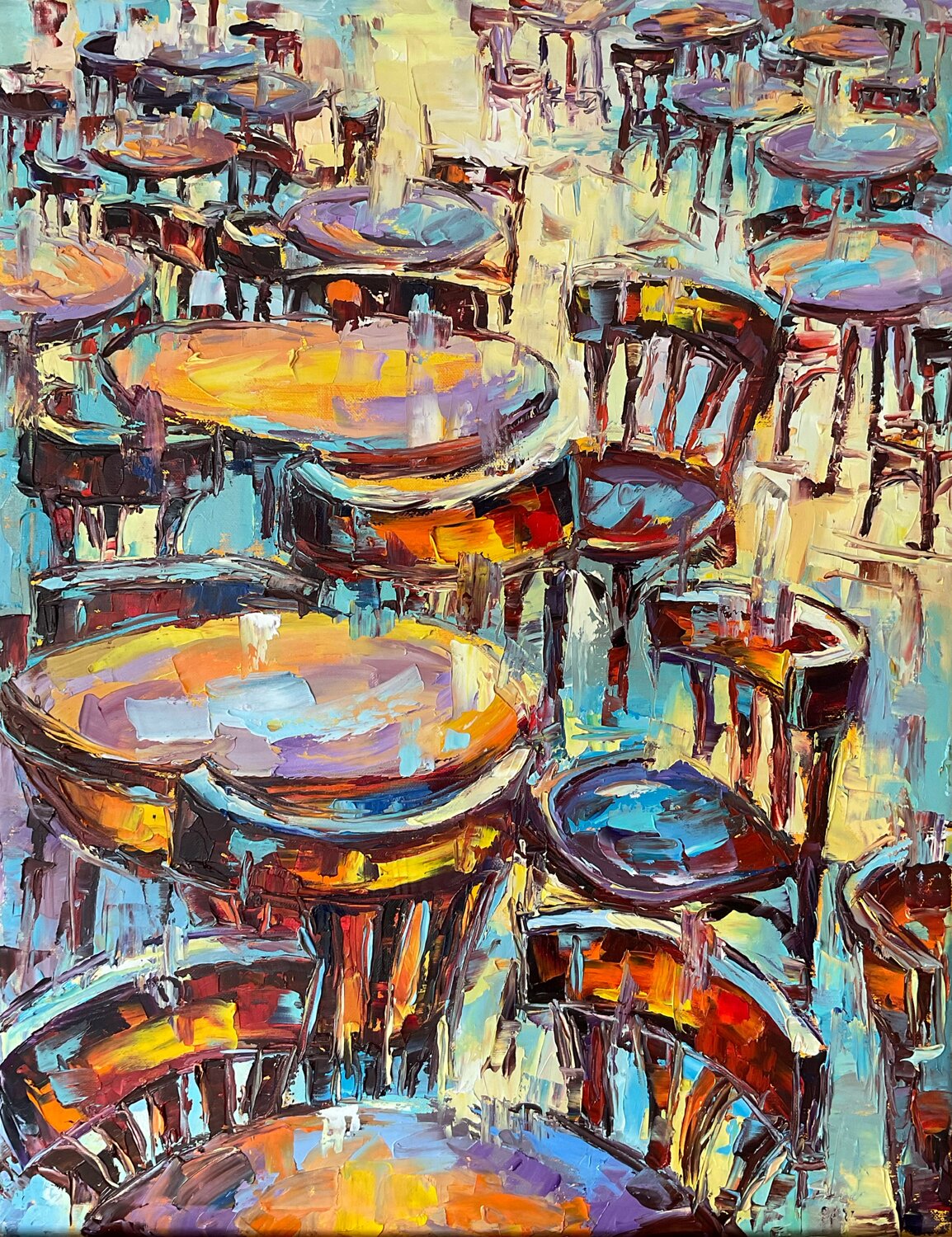 Outside cafe after rain. Pastel mood Mariia Hyhar Original painting for sale