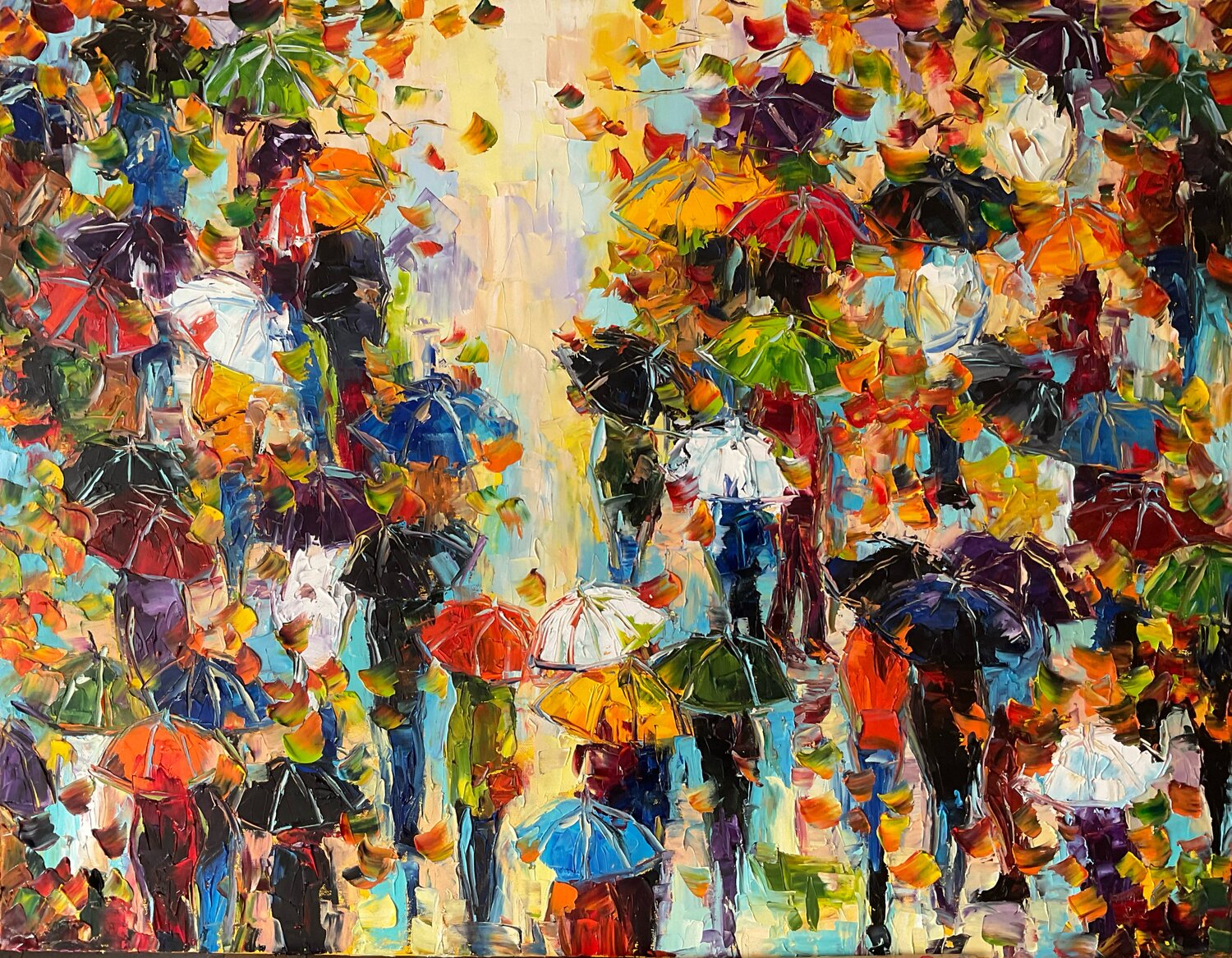 Abstract oil painting ‘Autumn . Umbrellas. Sunny day Mariia Hyhar Original painting for sale