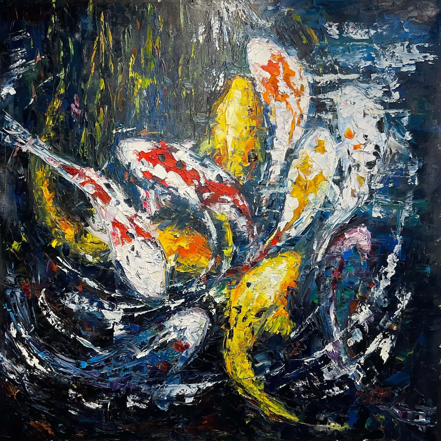 Koi. Dark blue water. Mariia Hyhar Original painting for sale