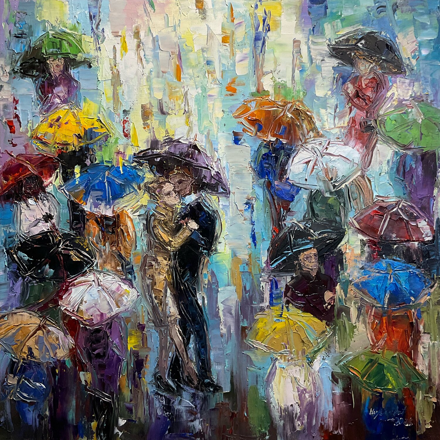 Umbrellas. Tango under the rain Mariia Hyhar Original painting for sale