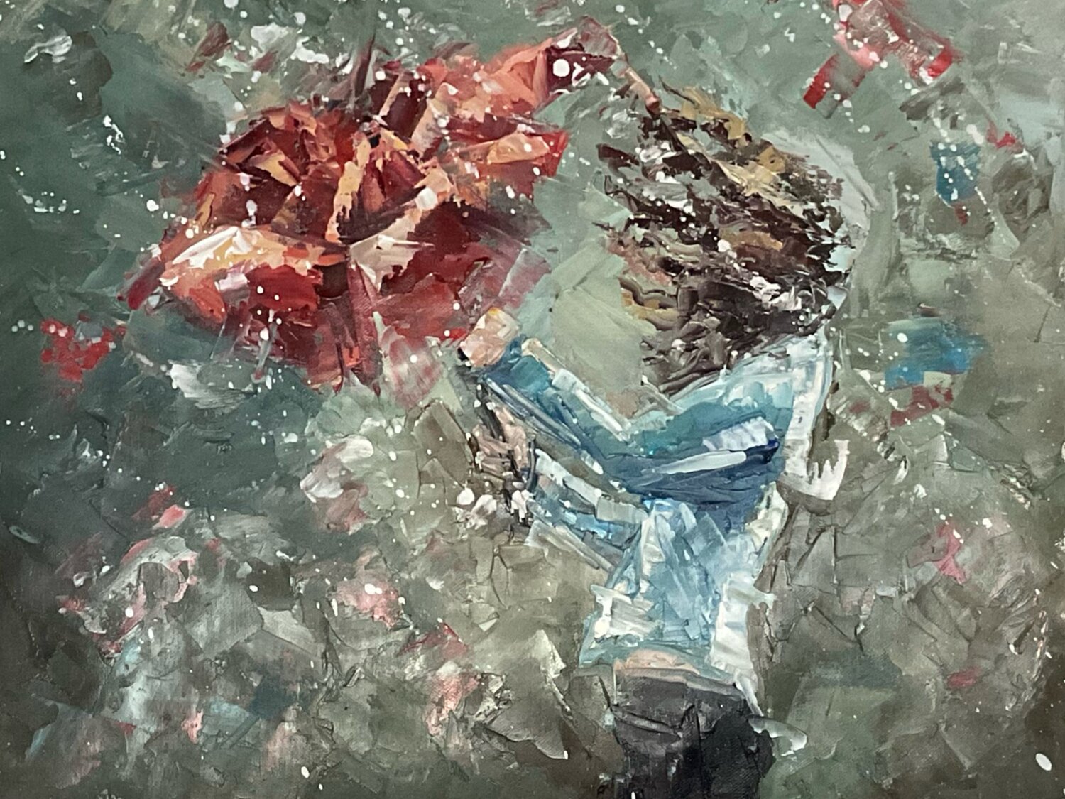 Red umbrella. Grey day Mariia Hyhar Original painting for sale