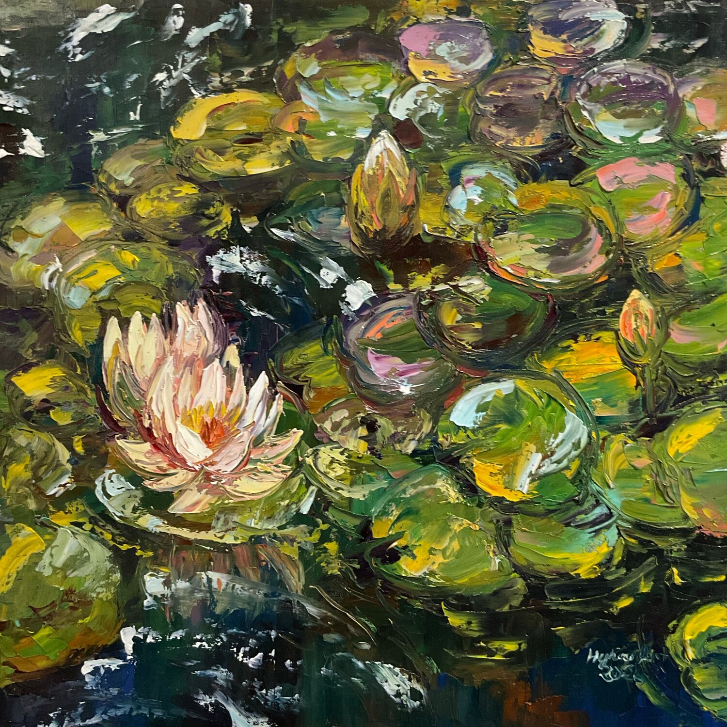 Water lilies. Dark water Mariia Hyhar Original painting for sale