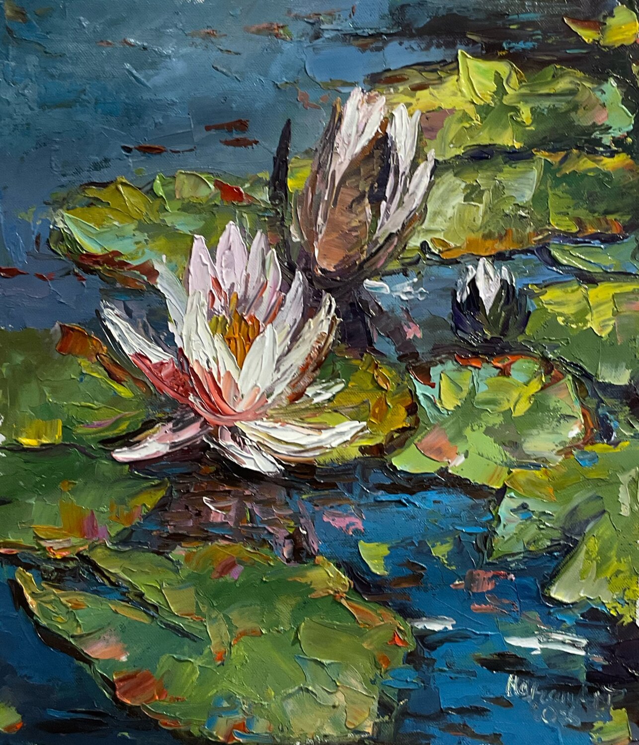 Light Water lilies. Blue water Mariia Hyhar Original painting for sale