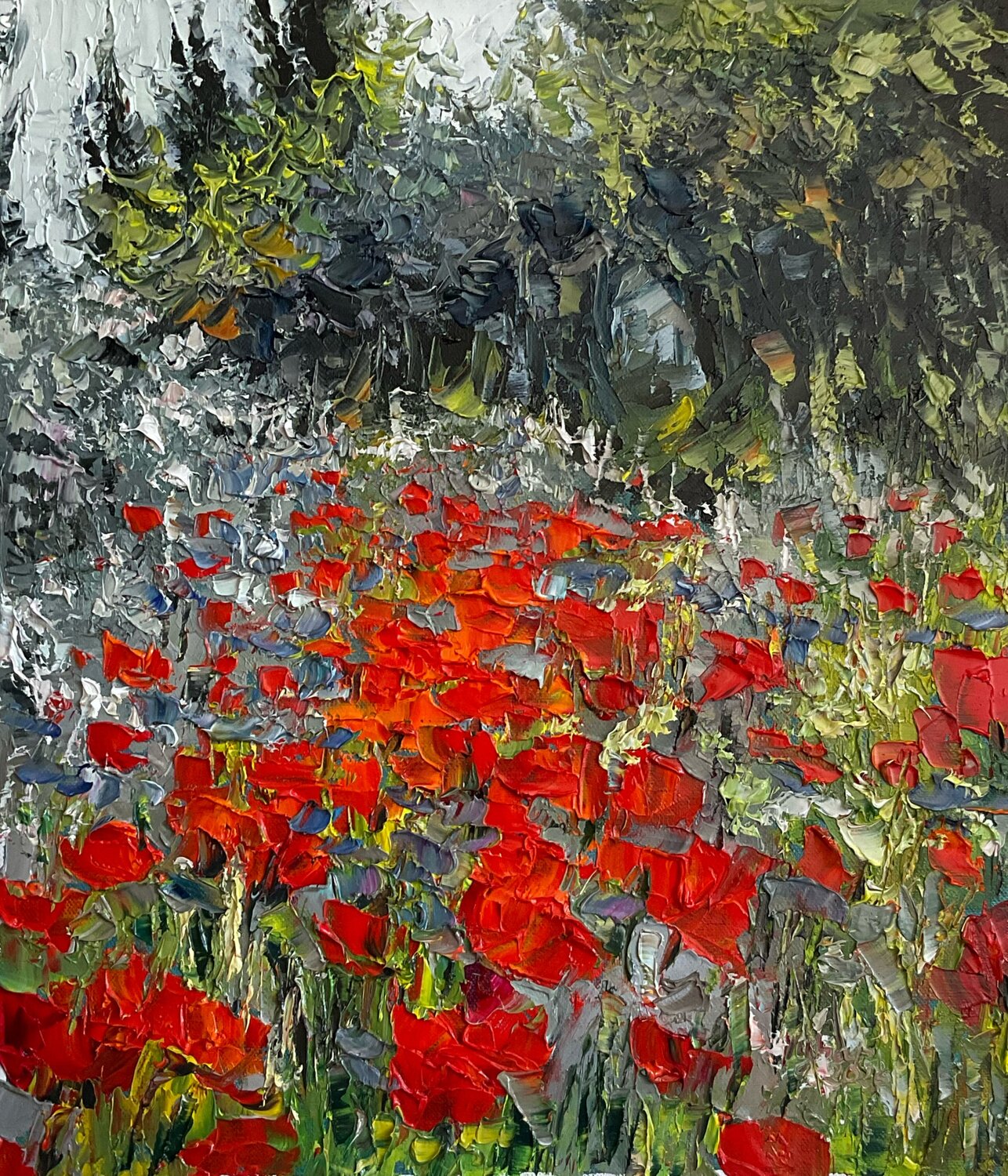 Poppies on grey background Mariia Hyhar Original painting for sale