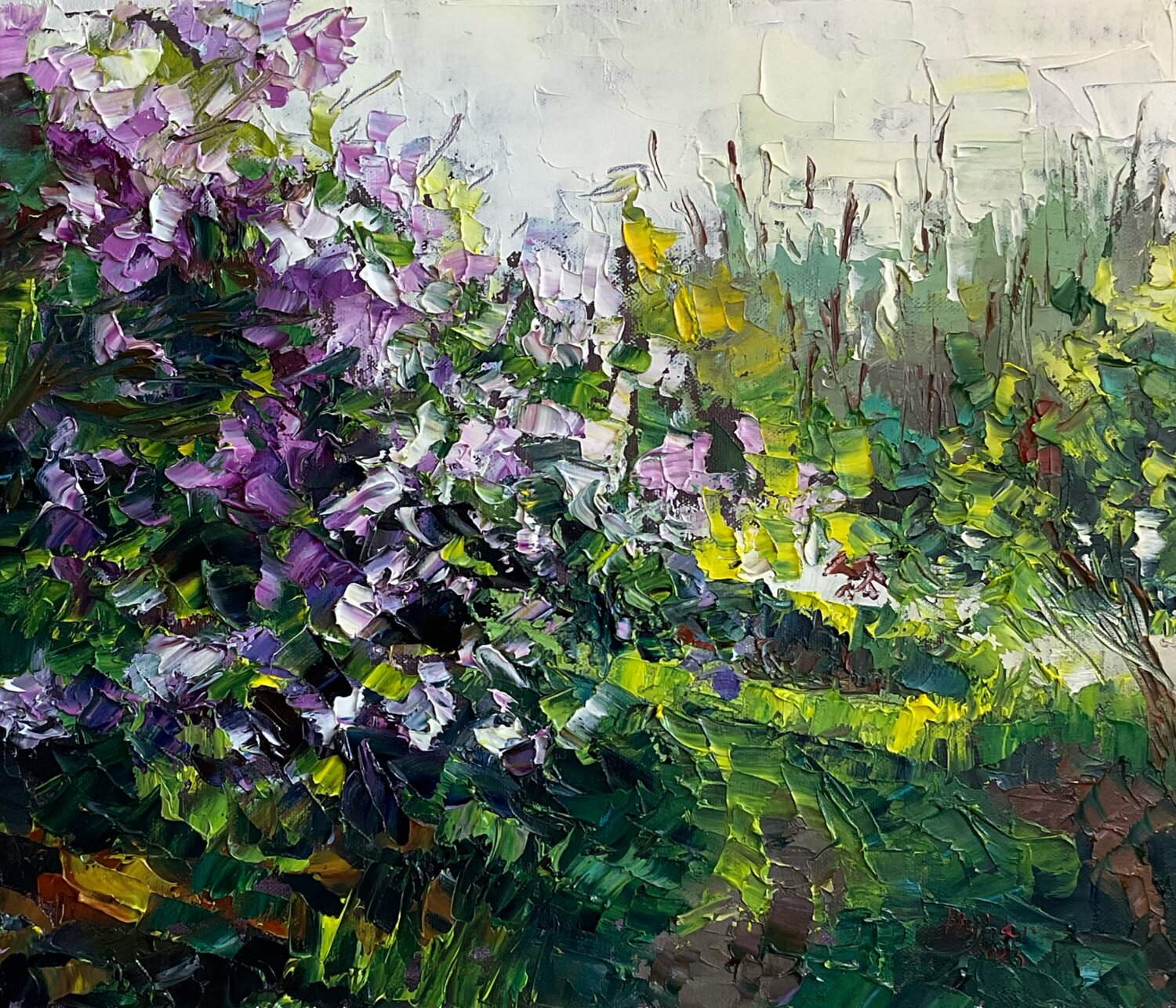 Lilac on green background Mariia Hyhar Original painting for sale