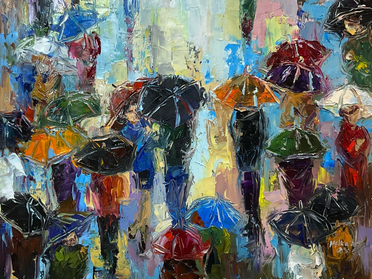 First meeting under umbrellas Mariia Hyhar Original painting for sale
