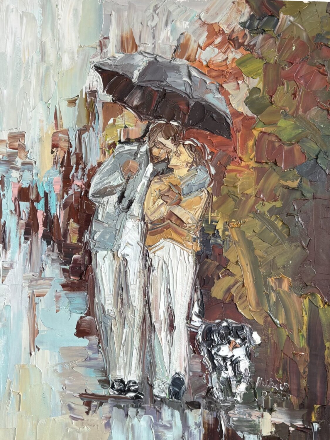 Walking with dog. Autumn Mariia Hyhar Original painting for sale