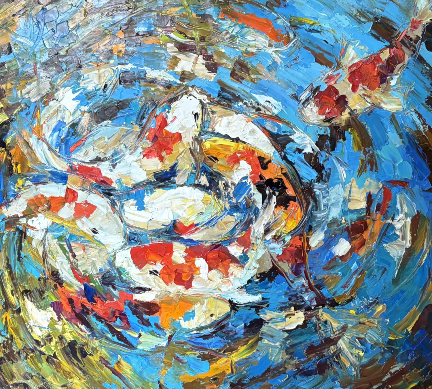 Koi in blue water Mariia Hyhar Original painting for sale