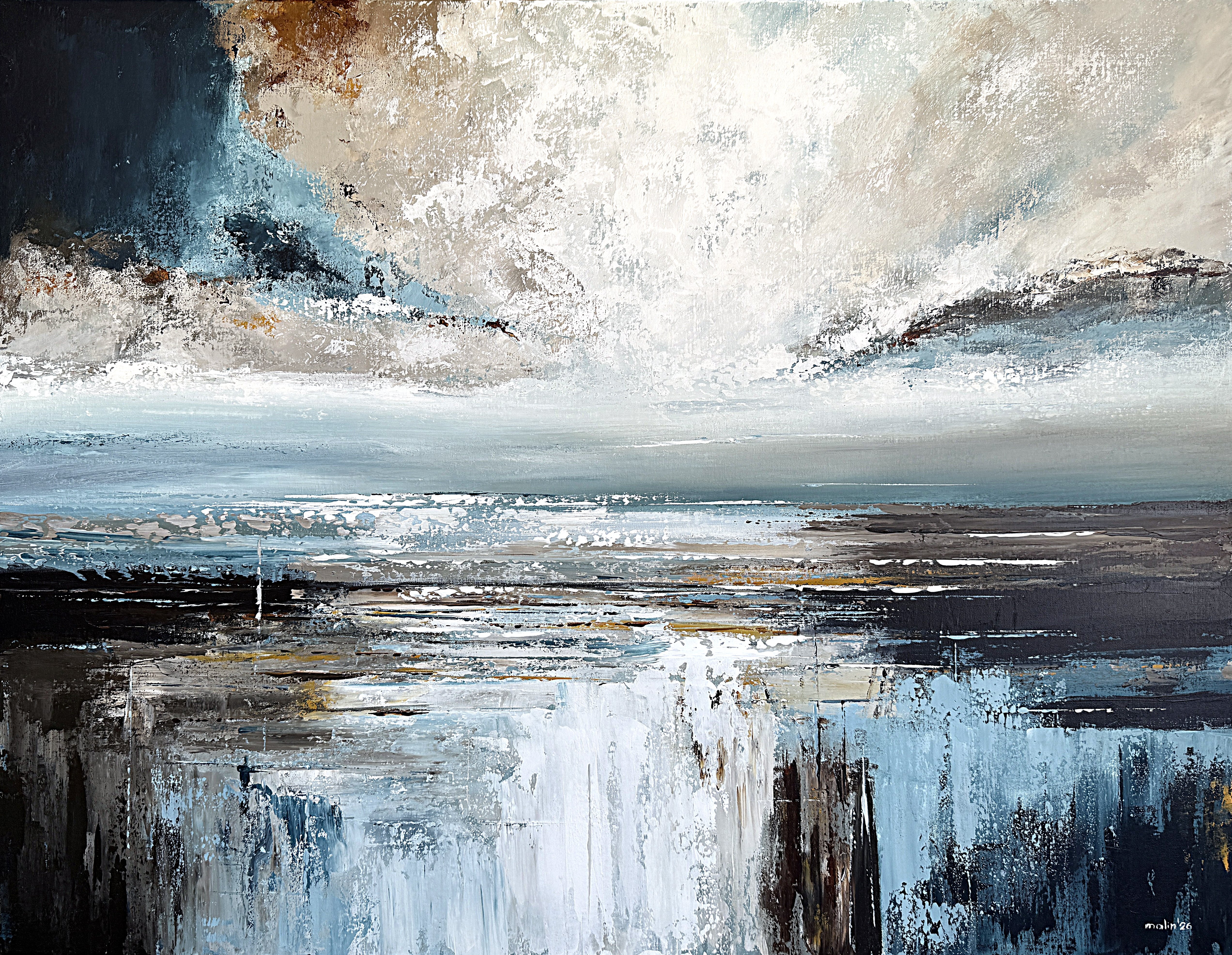 Light Beyond the Distant Shore – Large Blue Beige Abstract Seascape Painting 108x84 cm, Modern Textured Wall Art, Neutral Acrylic Canvas with Ochre Tones