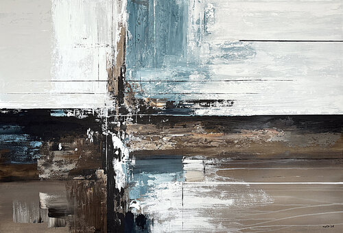 Crossing Light Fields – Blue Beige Abstract Landscape Textured Acrylic Painting 120x80 cm by Tatiana Malinovscaia, Painting for Sale on Select