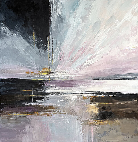 Luminous Breakpoint – Pink Gold Abstract Landscape Textured Acrylic Painting 80x80 cm by Tatiana Malinovscaia, Painting for Sale on Select
