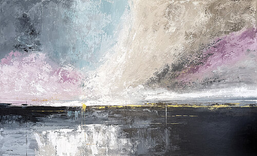Golden Break of Dawn – Blue Pink Abstract Landscape Textured Acrylic Painting 120x70 cm by Tatiana Malinovscaia, Painting for Sale on Select