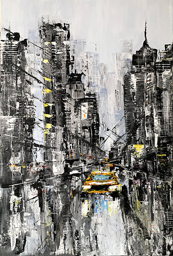 City Lights Reflections. Large black grey white modern painting 110x70cm by Tatiana Malinovscaia, Painting for Sale on Select