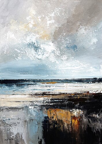 Light Breaking Over Deep Waters – Original Contemporary Abstract Painting, Textured Grey White Acrylic Art by Tatiana Malinovscaia, Painting for Sale on Select