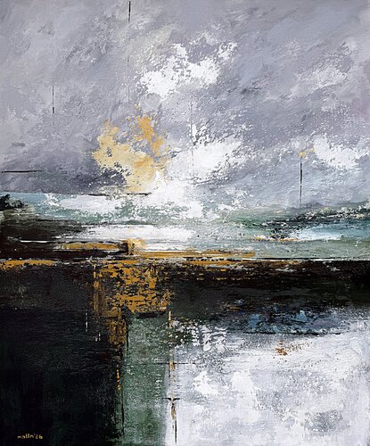 Blue Green Abstract Seascape Painting on Linen Canvas, Modern Neutral Wall Art, Ochre Accents, Textured Acrylic Artwork 76x90 cm by Tatiana Malinovscaia, Painting for Sale on Select