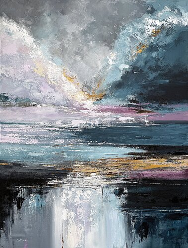 Where Silver Sky Meets Violet Water– Large Blue Purple Abstract Seascape Painting 120x90 cm, Modern Textured Wall Art, Neutral Acrylic Canvas with Ochre Accents by Tatiana Malinovscaia, Painting for Sale on Select