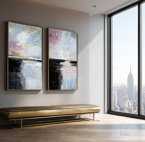 Where Light Begins to Gather– Large SET Contemporary Abstract, Blue Grey Purple Textured Wall Art by Tatiana Malinovscaia, Painting for Sale on Select