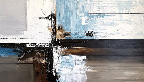 Crossing Through Pale Distance – Large Teal and Brown Abstract Painting, Textured Acrylic on Canvas by Tatiana Malinovscaia, Painting for Sale on Select