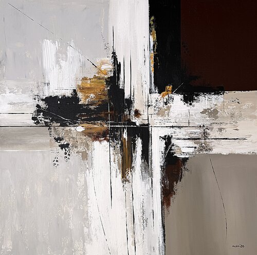 Convergence of Light-Neutral Abstract Painting 85x85 cm, Modern Textured Acrylic Wall Art in Black, White and Ochre by Tatiana Malinovscaia, Painting for Sale on Select