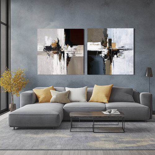 Confluence of Forms –Neutral Abstract Diptych 85x85 cm Each, Black White Ochre Acrylic Paintings, Contemporary Wall Art by Tatiana Malinovscaia, Painting for Sale on Select