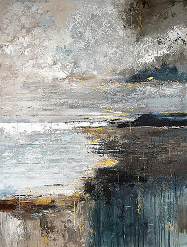 Gilded Tides of Memory | Large Coastal Abstract Painting 120x90 cm by Tatiana Malinovscaia, Painting for Sale on Select
