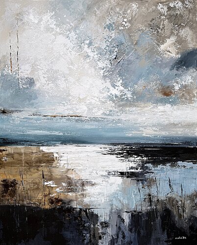 Where Light Returns-Large Coastal Abstract Painting 100x80 cm | Blue Gray Neutral Acrylic Artwork by Tatiana Malinovscaia, Painting for Sale on Select