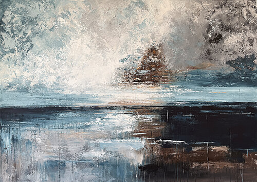Tides of Illumination- Large Coastal Abstract Painting 140x100 cm | Blue Gray Ochre Contemporary Artwork by Tatiana Malinovscaia, Painting for Sale on Select
