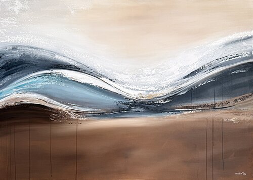Golden Drift of Silence – Contemporary Abstract Painting, Large Coastal  120x85 cm | Beige Blue Gold Wave Artwork by Tatiana Malinovscaia, Painting for Sale on Select
