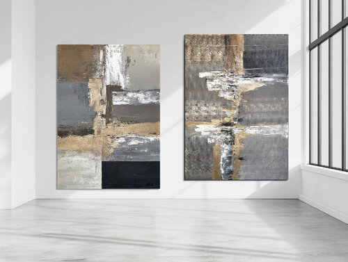 Golden Axis -Large Neutral Abstract Diptych 200x140 cm | Gold Gray Beige Contemporary Wall Art by Tatiana Malinovscaia, Painting for Sale on Select