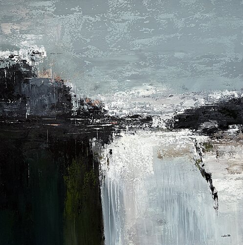 Square Abstract Painting Blue Green Contemporary Acrylic Seascape Canvas Emerald Stillwater Passage by Tatiana Malinovscaia, Painting for Sale on Select