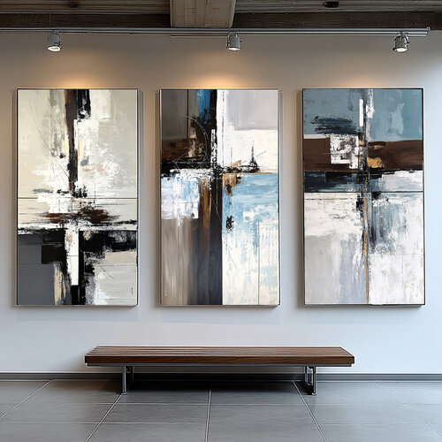 Convergence of Tides–Contemporary Blue Neutral Wall Art 3 x 140x80 by Tatiana Malinovscaia, Painting for Sale on Select