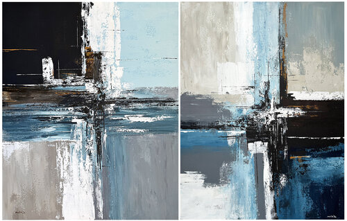 Oceanic Geometry Abstract Diptych | Reflections in Parallel | Original Contemporary Acrylic Paintings | Set of 2 | 65 × 82 cm Each by Tatiana Malinovscaia, Painting for Sale on Select