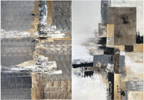 Golden Frameworks – Large Neutral Gold Abstract Diptych | Textured Geometric Acrylic Painting | 2 × 140 × 100 cm by Tatiana Malinovscaia, Painting for Sale on Select