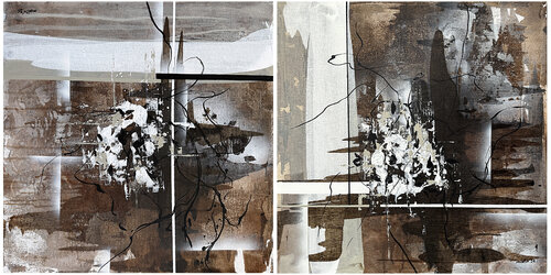 Measured Silence – Neutral Abstract Diptych | Beige Brown Black Textured Acrylic Paintings | 2 × 60 × 60 cm by Tatiana Malinovscaia, Painting for Sale on Select