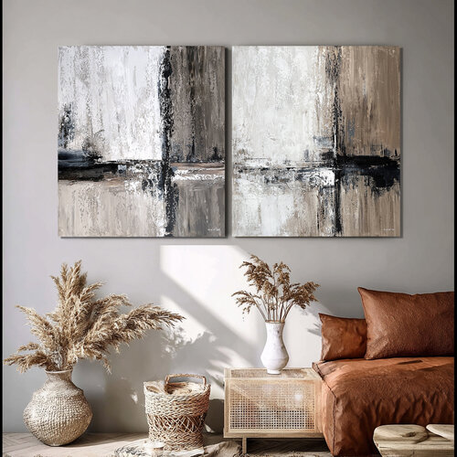 Where Stillness Aligns – Neutral Abstract Diptych | Beige Grey Black Textured Acrylic Paintings | Original Contemporary Wall Art by Tatiana Malinovscaia, Painting for Sale on Select