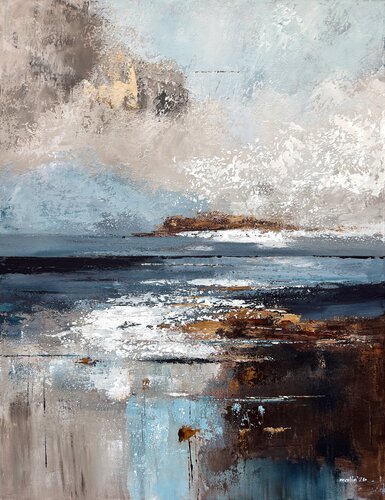 Where the Tide Keeps Secrets – Blue Beige Abstract Seascape | Original Textured Acrylic Painting | Contemporary Coastal Wall Art by Tatiana Malinovscaia, Painting for Sale on Select