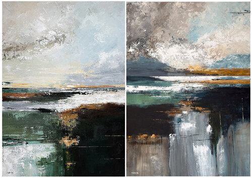 Between Water and Distance – Large Blue Green Abstract Seascape Diptych | Contemporary Coastal Painting by Tatiana Malinovscaia, Painting for Sale on Select