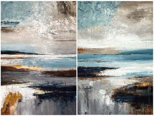 Where Water Meets the Earth – Large Blue Beige Abstract Seascape Diptych | Contemporary Coastal Art by Tatiana Malinovscaia, Painting for Sale on Select