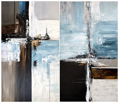 Between Structure and Tide – Large Blue Abstract Diptych | Oceanic Geometry by Tatiana Malinovscaia, Painting for Sale on Select